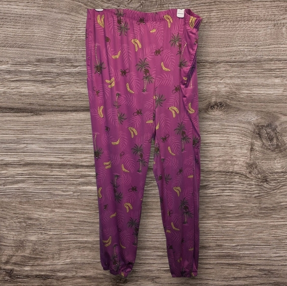 Womens Fushia Purple Pajama Bottoms Monkey Banana Palm Tree Print - Picture 1 of 6